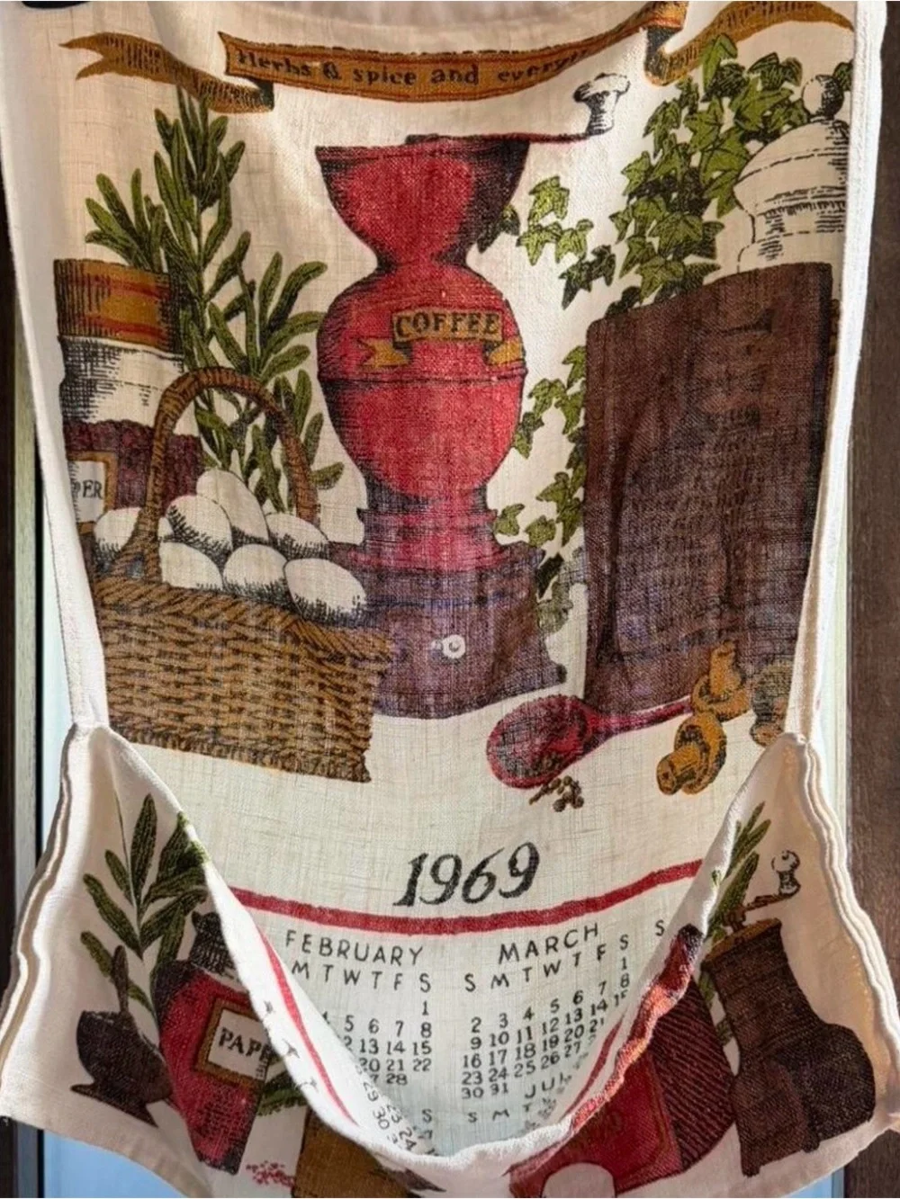 Cottage core American Vintage-Style Kitchen Towel Calendar in Cream and Red